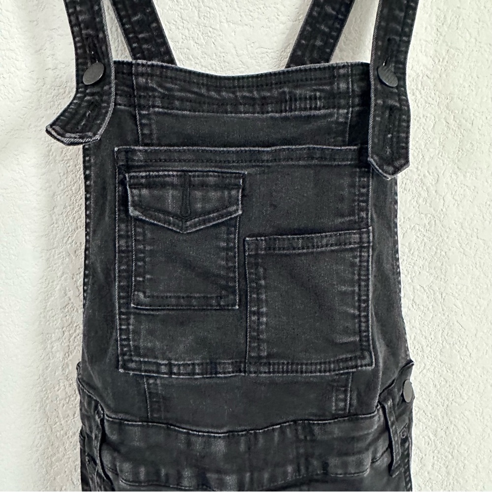 Free People Y2K Black Women's Washed Denim Overalls Stretched Bib Jumpsuit 24 - Picture 5 of 10
